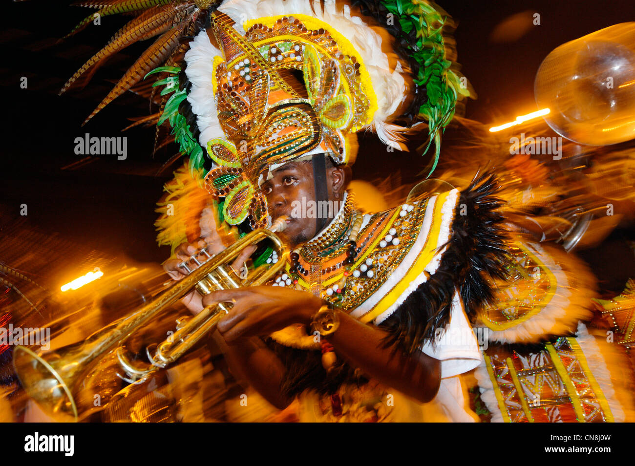 Bahamas, Grand Bahama Island, Freeport, Taino Beach, summer carnival, resumption of famous Junkanoo celebration slaves Stock Photo