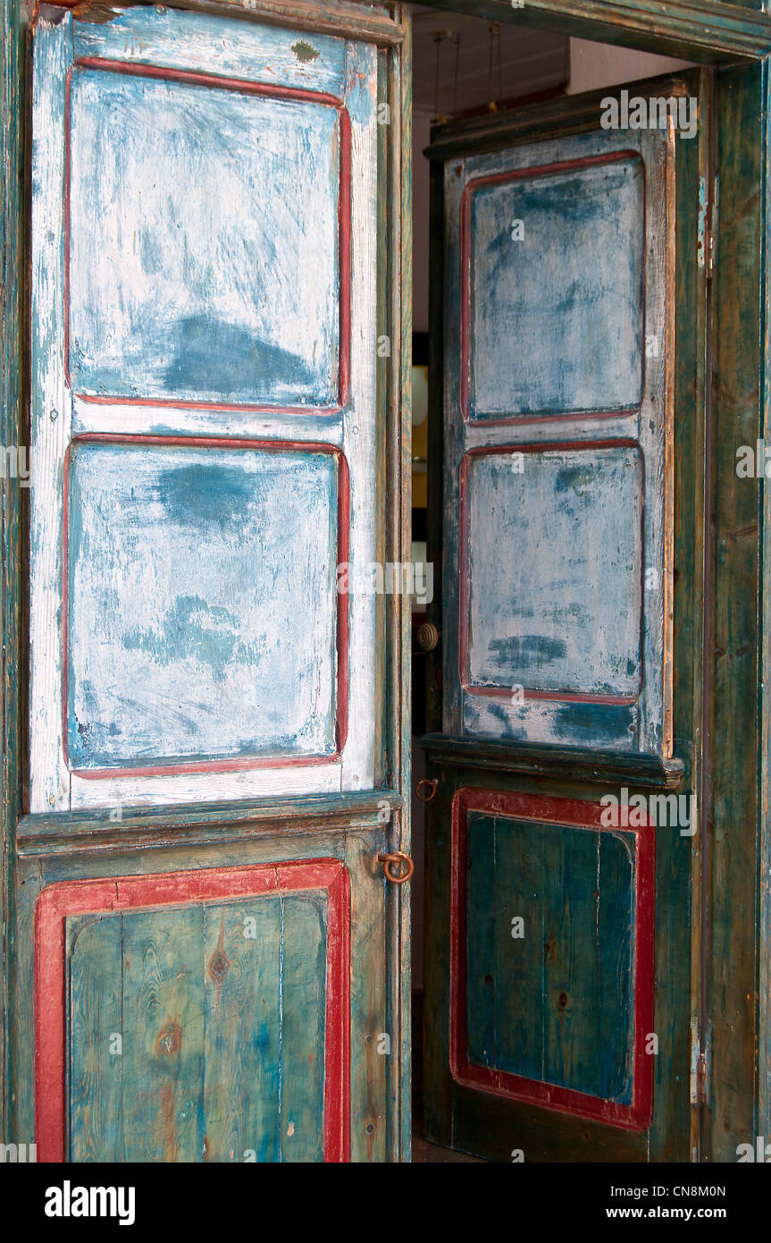 Greek islands Opened wooden colourful door Stock Photo Alamy