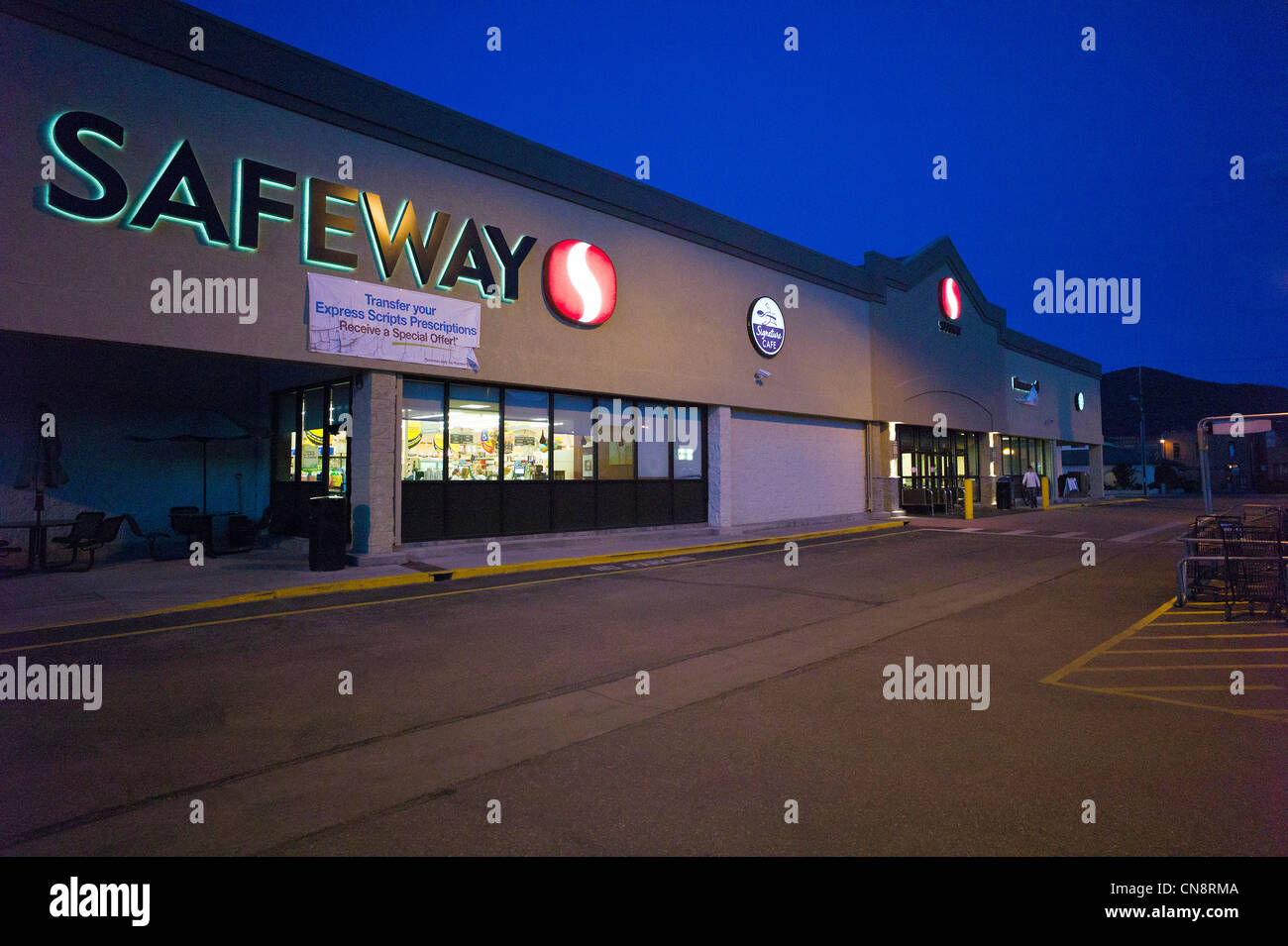 Exterior dusk view of a Safeway grocery store, Salida, Colorado, USA Stock Photo