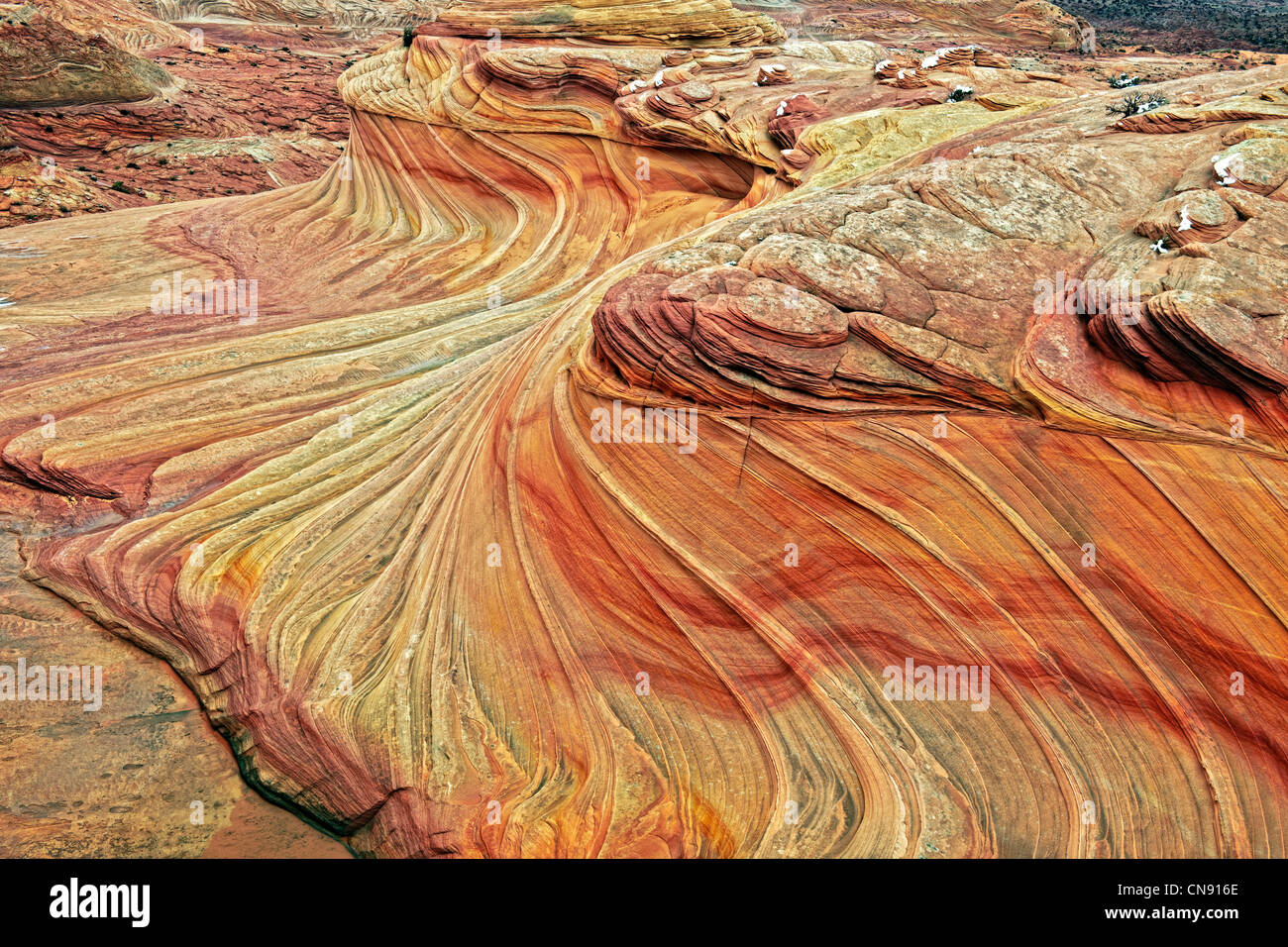 Overcast winter conditions enhance the colors of the Second Wave in Arizona’s North Coyote Buttes and Vermillion Cliffs. Stock Photo
