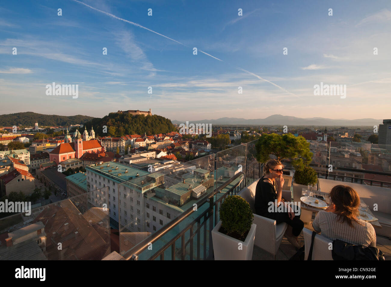 Slovenia, Ljubljana, capital town of Slovenia, panorama of the city from the terrace of the cafe Abecedarium Stock Photo