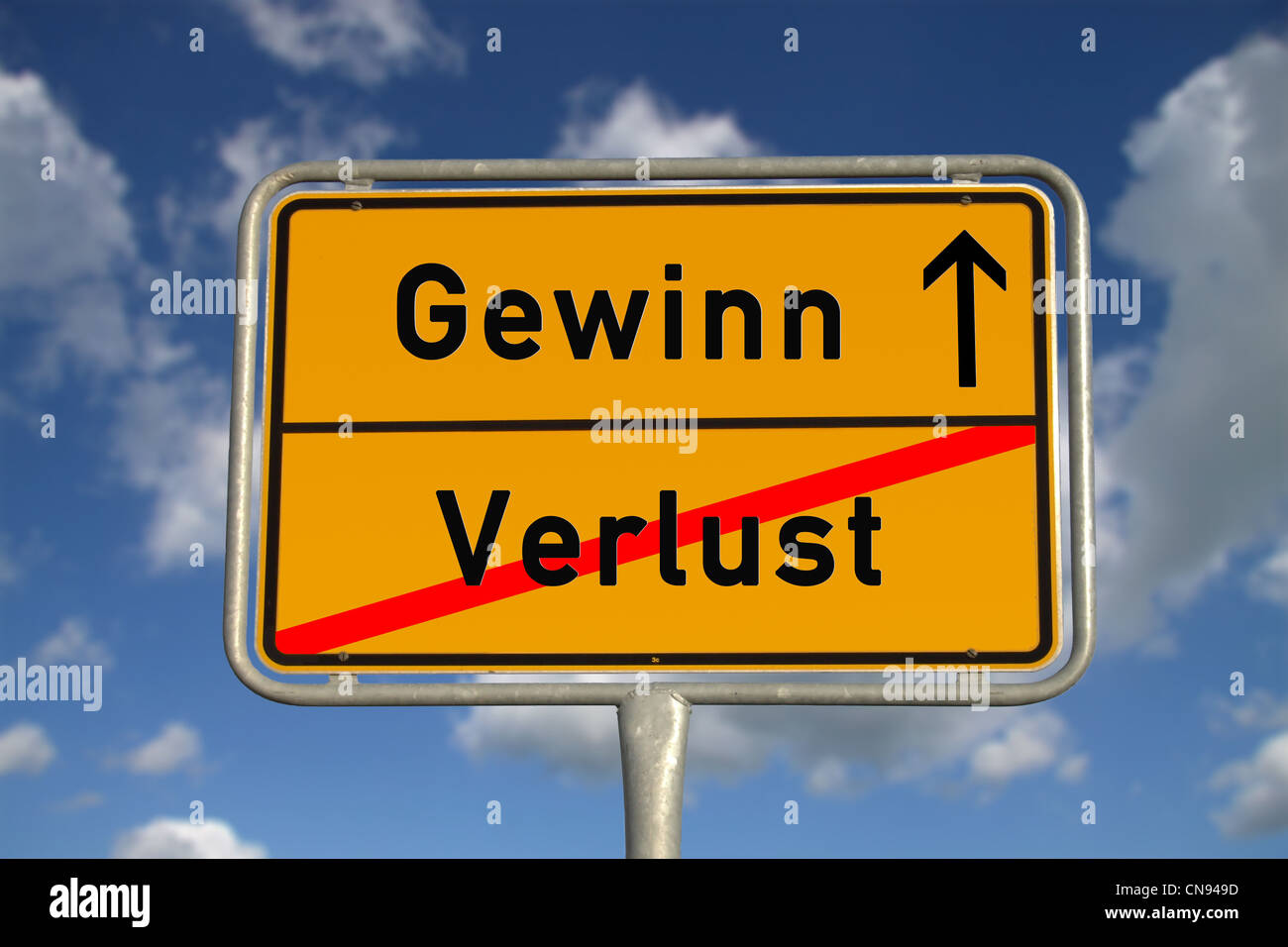German road sign deficit, and profit with blue sky and white clouds Stock Photo