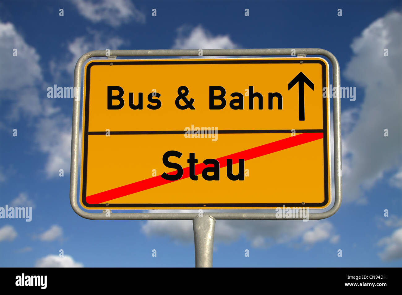 German road sign traffic jam and public transport with blue sky and