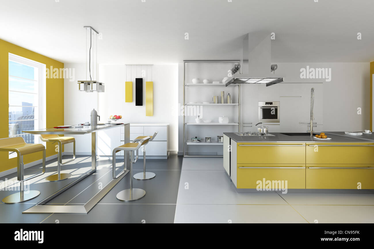 Modern white and yellow kitchen with isle and table Stock Photo - Alamy