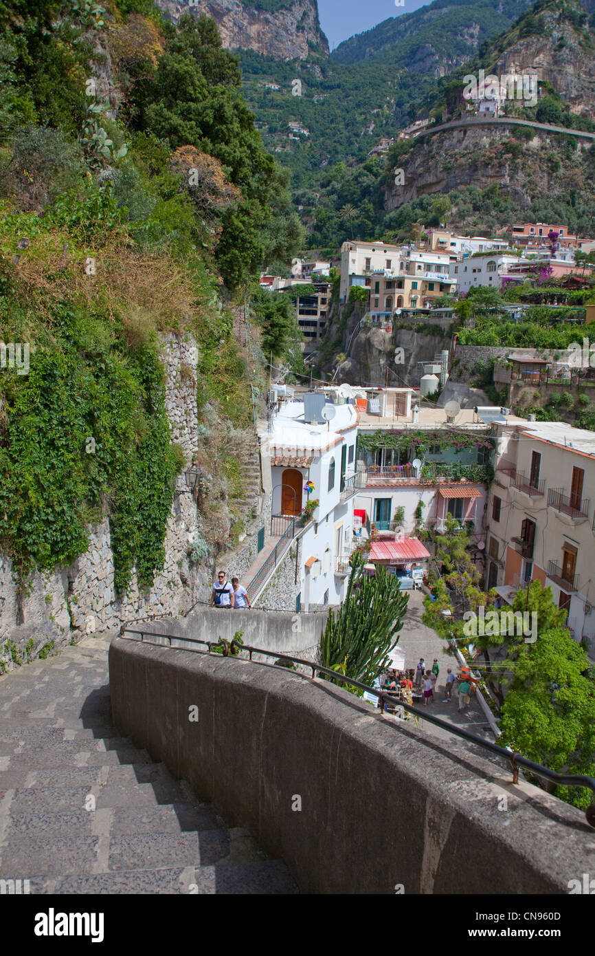 Stairway down to the beach, village Positano, Amalfi coast, Unesco World Heritage site, Campania, Italy, Mediterranean sea, Europe Stock Photo