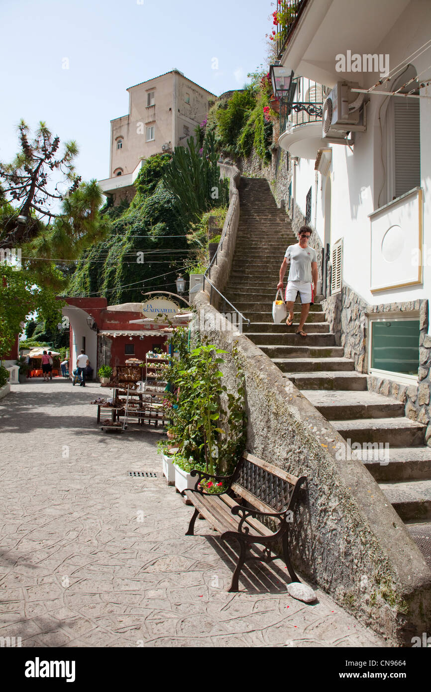 Staircase down to beach, narrow alley at village Positano, Amalfi coast, Unesco World Heritage site, Campania, Italy, Mediterranean sea, Europe Stock Photo