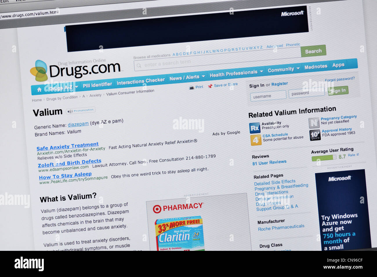 Drug website - valium Stock Photo
