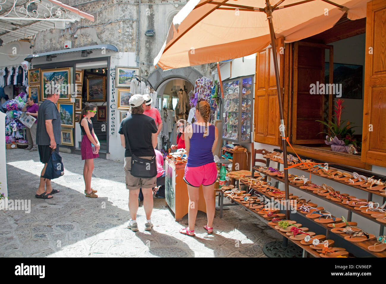 Shoe shop and souvenir shops at village Positano, Amalfi coast, Unesco