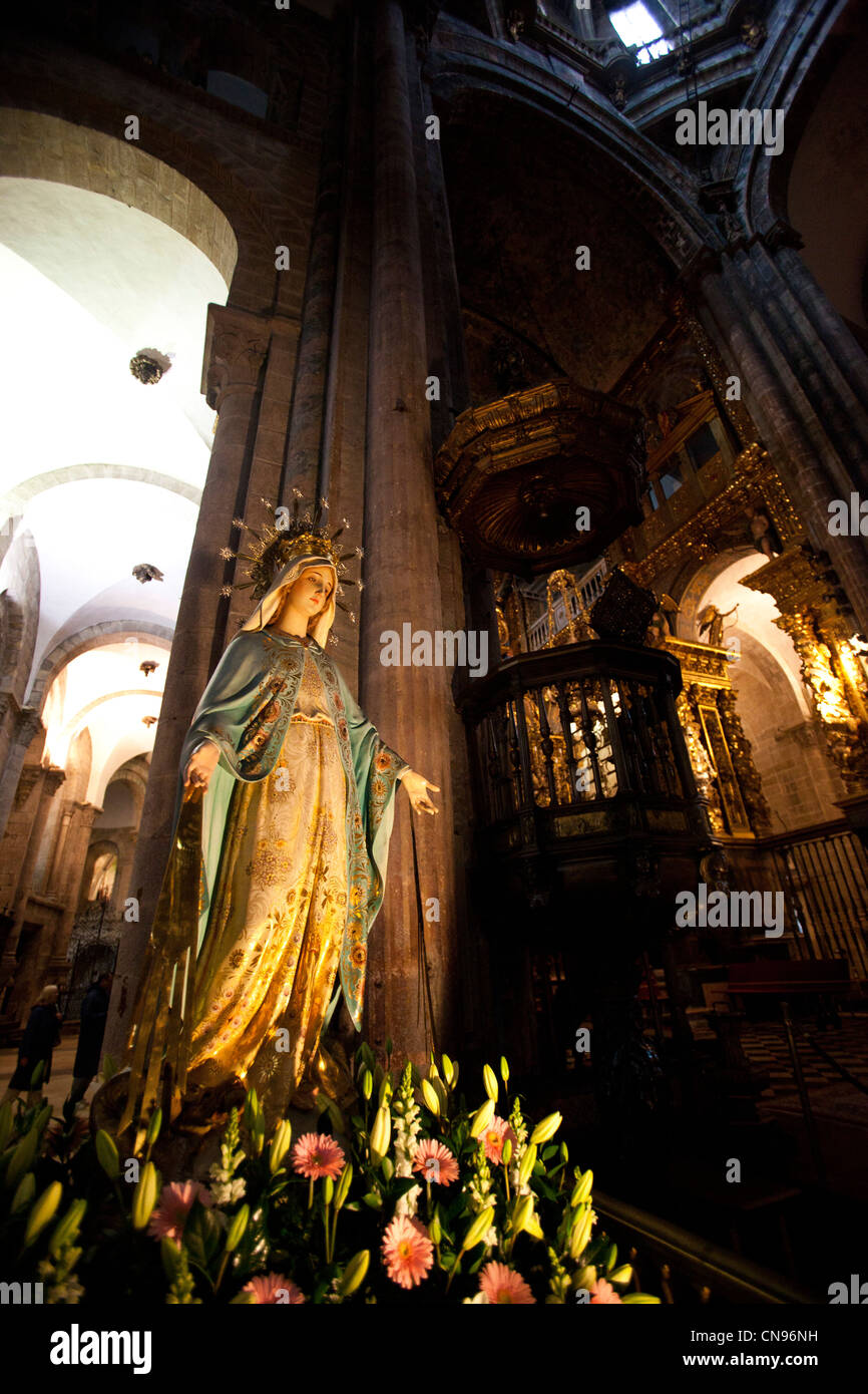 A statue of Mary in the Cathedral of Santiago de Compostela. Stock Photo