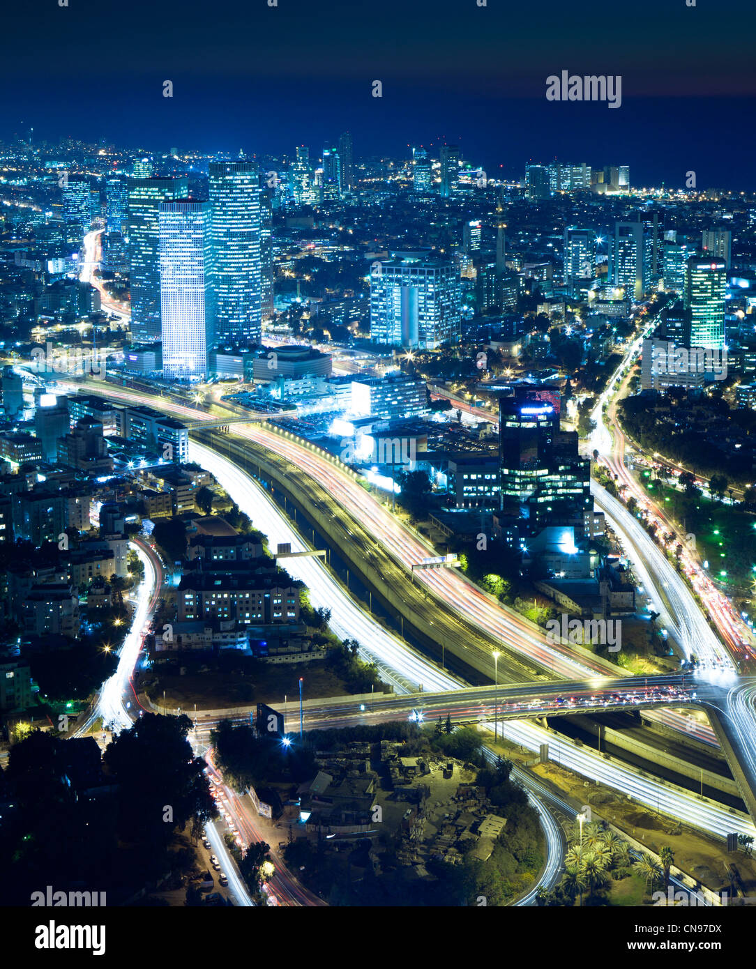 Night city, Tel Aviv at night, Crossroad Traffic Stock Photo