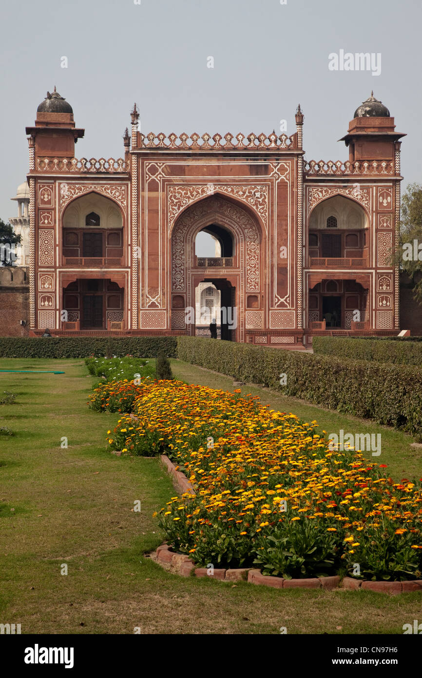 Agra, India. Entrance to the Itimad-ud-Dawlah, Mausoleum of Mirza Ghiyas Beg. The tomb is sometimes referred to as the Baby Taj. Stock Photo