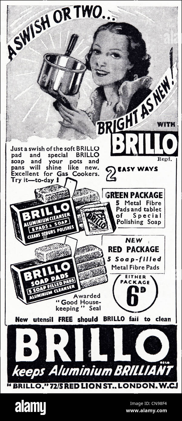 Original 1930s consumer magazine advertisement advertising BRILLO soaps pads for washing pots Stock Photo