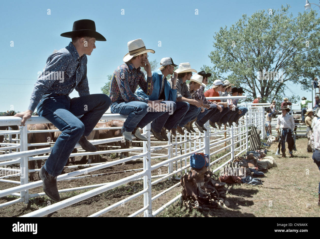 Row of cowboys sitting on a fence at a rodeo in Stapleton Nebraska