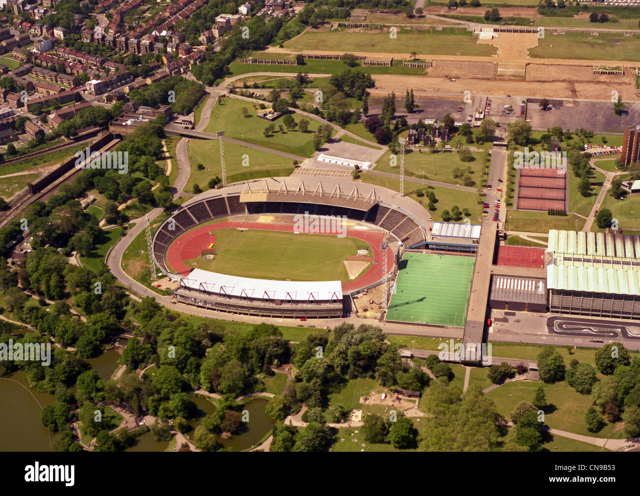 rare historic aerial view of the Crystal Palace national sports centre taken in May 1985 Stock Photo