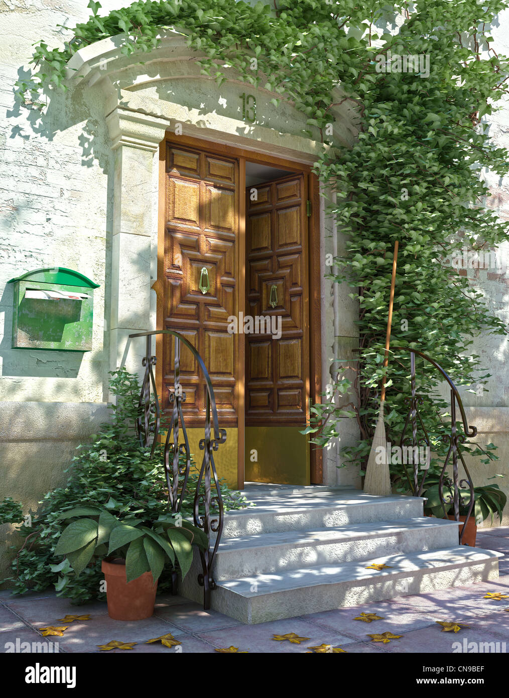 Typical Italian Classic house building front door with stairs and plants. Stock Photo