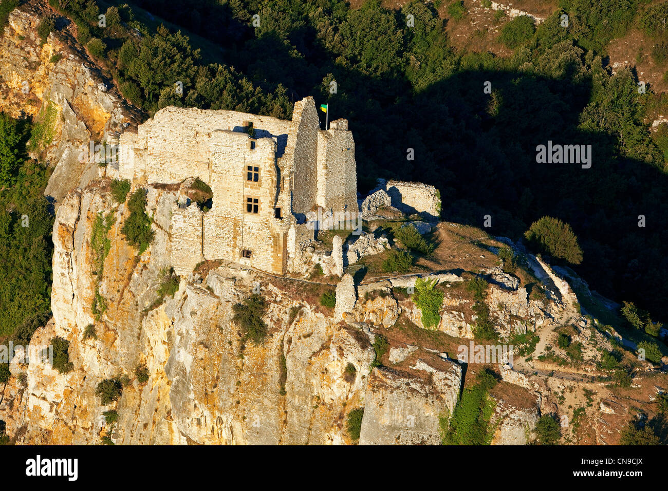 France, Ardeche, Saint Peray, Chateau de Crussol, 12th century castle (aerial view) Stock Photo