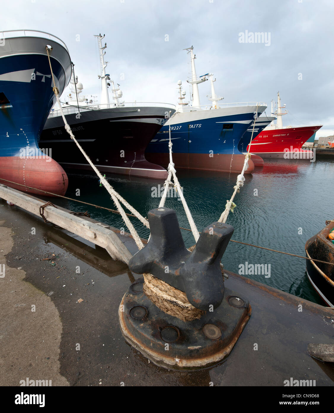 Deep sea fishing trawlers moored in Fraserburgh Harbour, Fraserburgh, Aberdeenshire, Scotland. Stock Photo