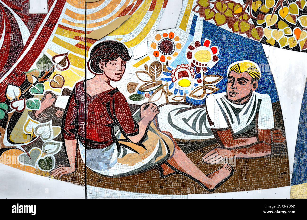 Berlin, Germany. Detail from 'Unsere Leben' ('Our Life') mosaic (1962-63) by Walter Womacka on the 'Haus des Lehrers' Stock Photo