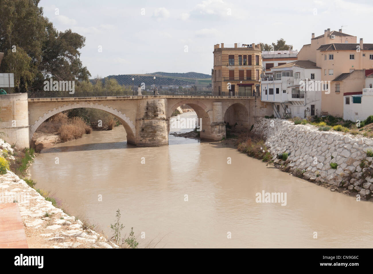 Puente Genil river bridged Cordoba Spain village monument Andalucia water tourism home sud Stock Photo