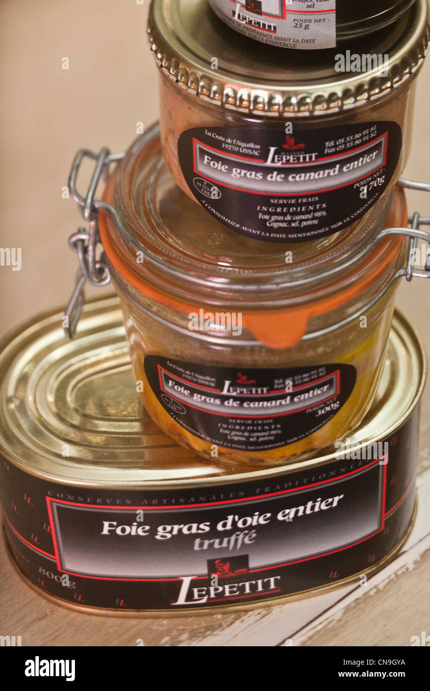 France, Correze, Brive la Gaillarde, Canned foie gras, confit