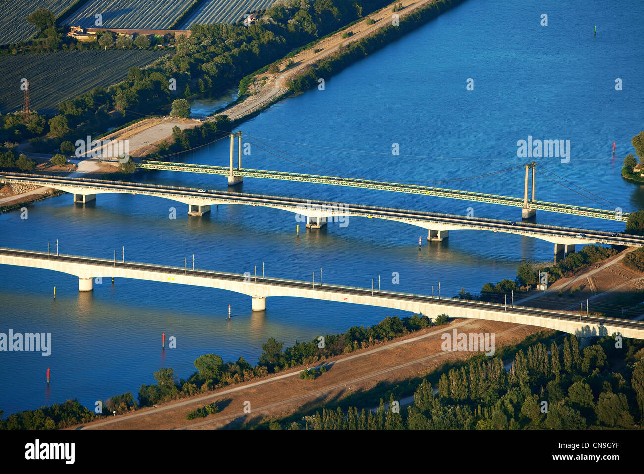 France, Gard, Vaucluse, Montfaucon, TGV viaduct, A9 motorway and main road on the Rhone (aerial view) Stock Photo