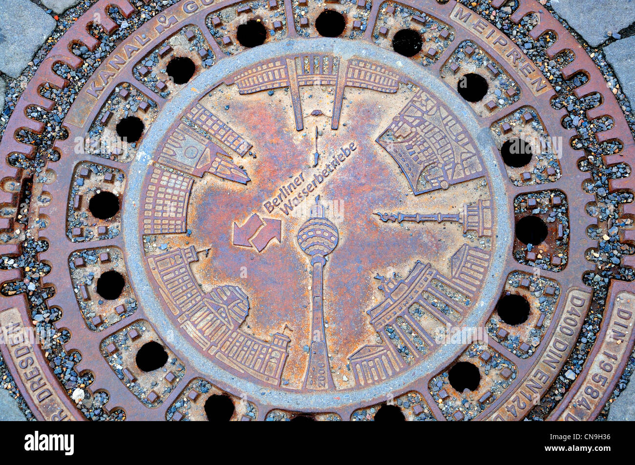 Berlin, Germany. Manhole cover with city sights Stock Photo