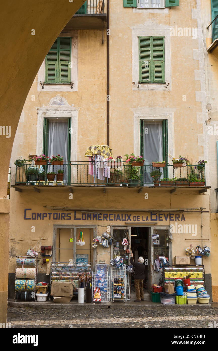 France, Alpes Maritimes, Sospel, hardware front of the village, trading posts on the Place St Michel Stock Photo