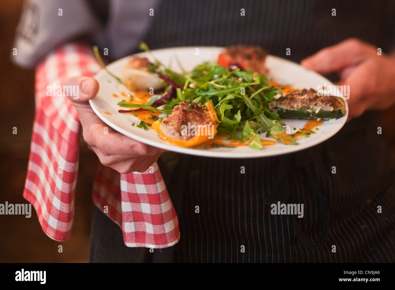 France, Alpes Maritimes, Cannes, restaurant, Aux Bons Enfants, service, Provencal stuffed vegetables platter Stock Photo