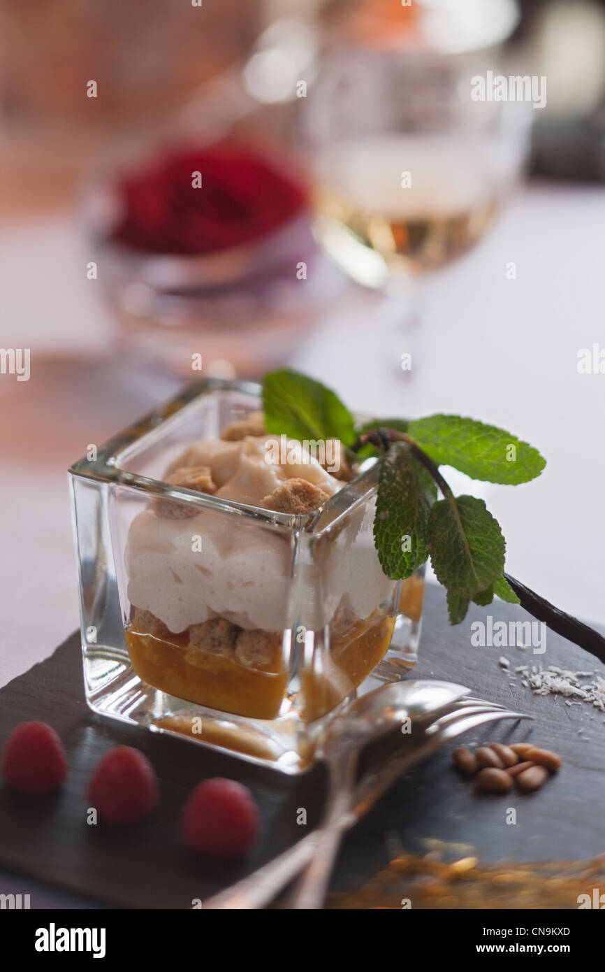 France, Bouches du Rhone, Aix en Provence, Espuma nougat, muscat apricots, crunchy spiced ice cream with honey and rosemary Stock Photo