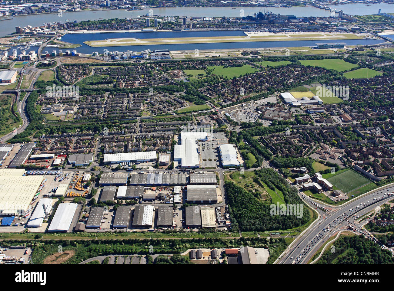 aerial view of Beckton Retail Park & London Industrial Park, Beckton, London E6 looking south towards London City Airport Stock Photo