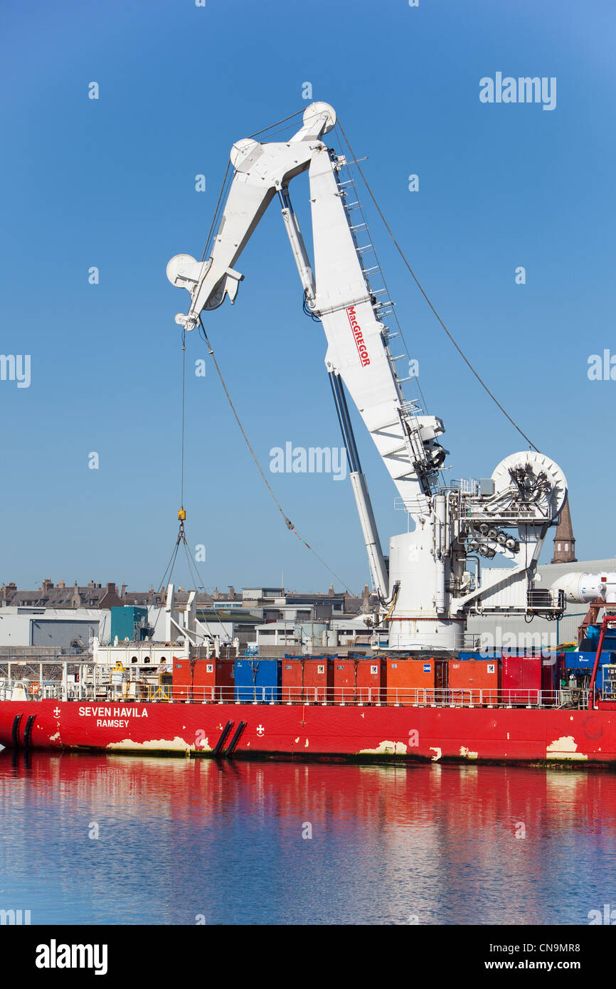 Oil supply vessel unloading cargo at Peterhead docks Scotland UK Stock