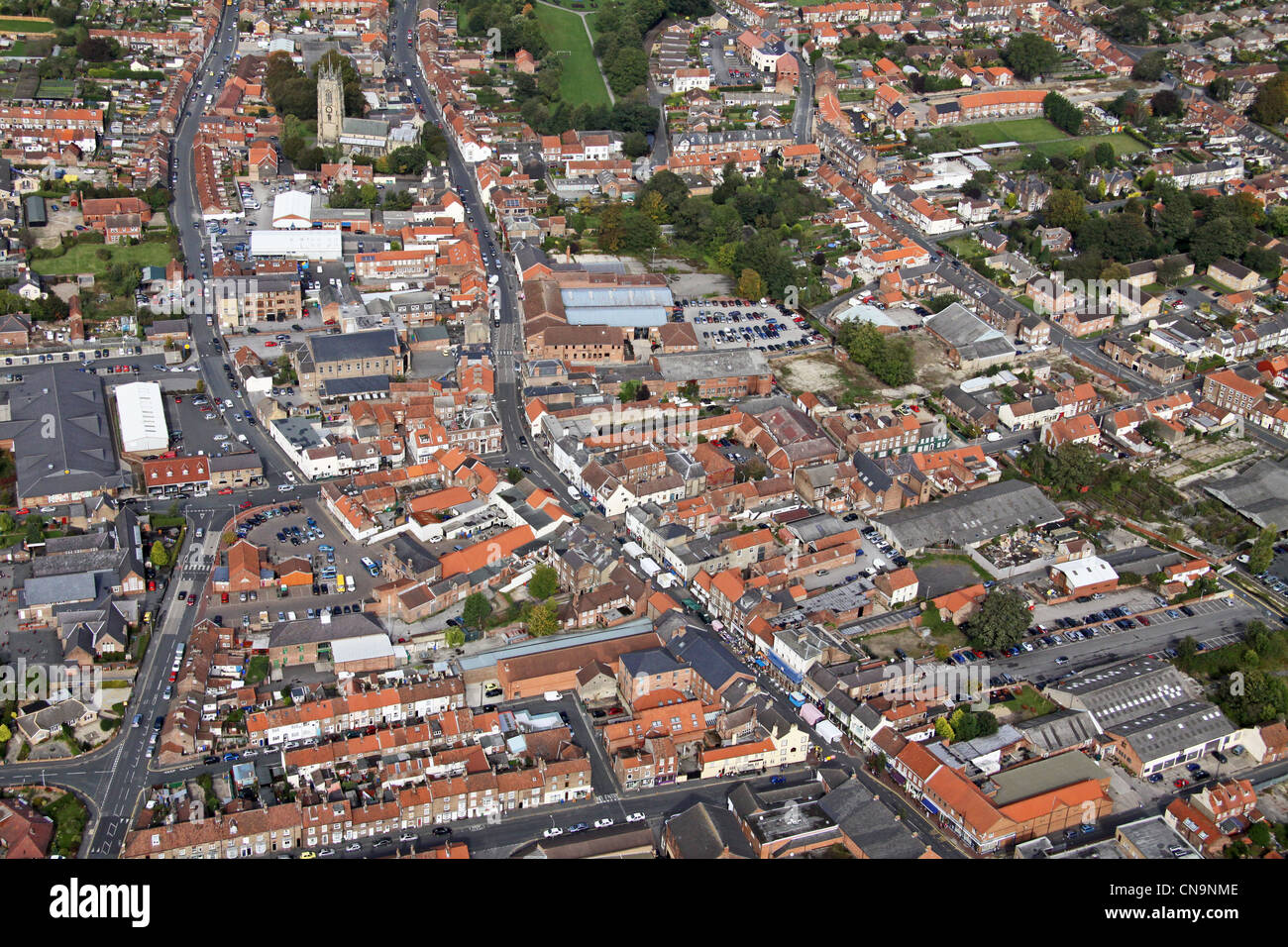 aerial view of Driffield in East Yorkshire, looking up Middle Street South & North Stock Photo