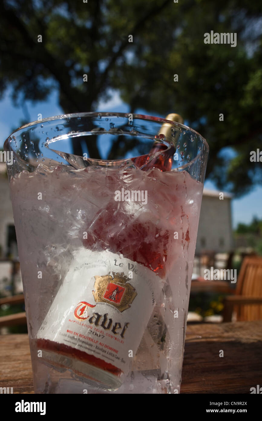 France, Gard, Tavel, Tavel AOC Rose bottle in a bucket with ice Stock Photo