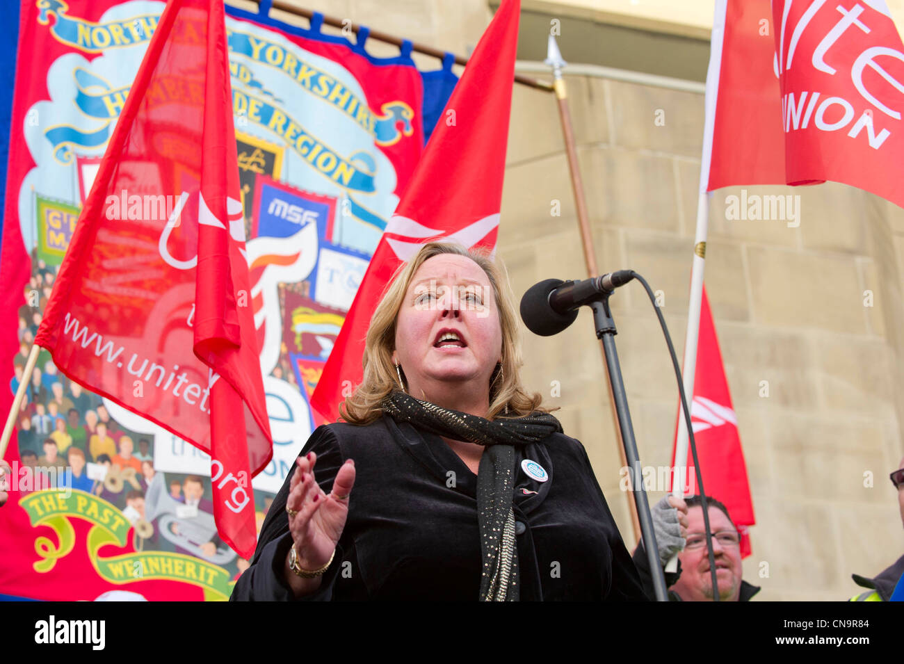 Karen Reay Unite Union Yorkshire and Humberside TUC speaking at the N30 day of action Leeds Stock Photo