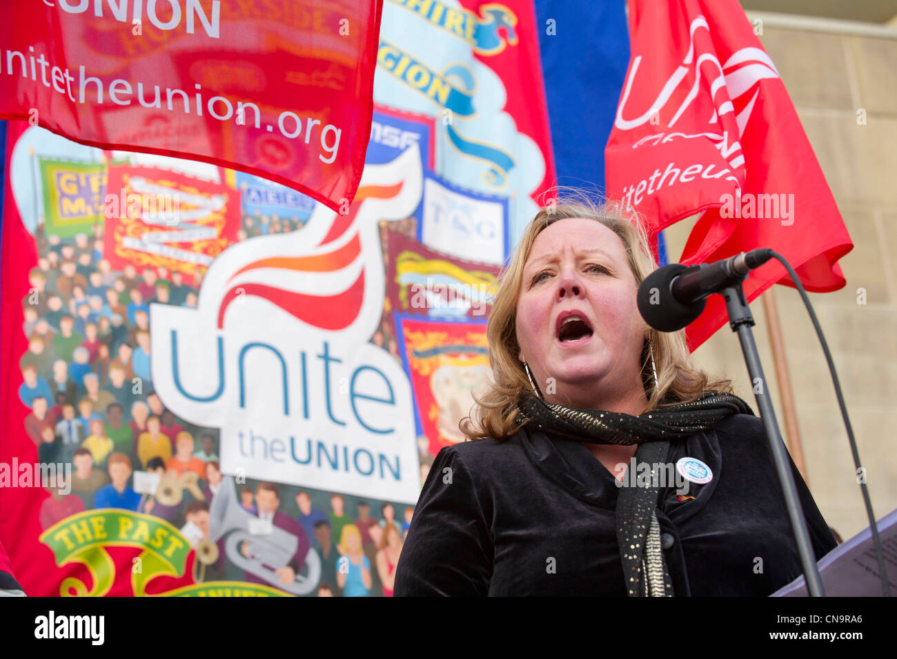 Karen Reay Unite Union Yorkshire and Humberside TUC speaking at the N30 day of action Leeds Stock Photo