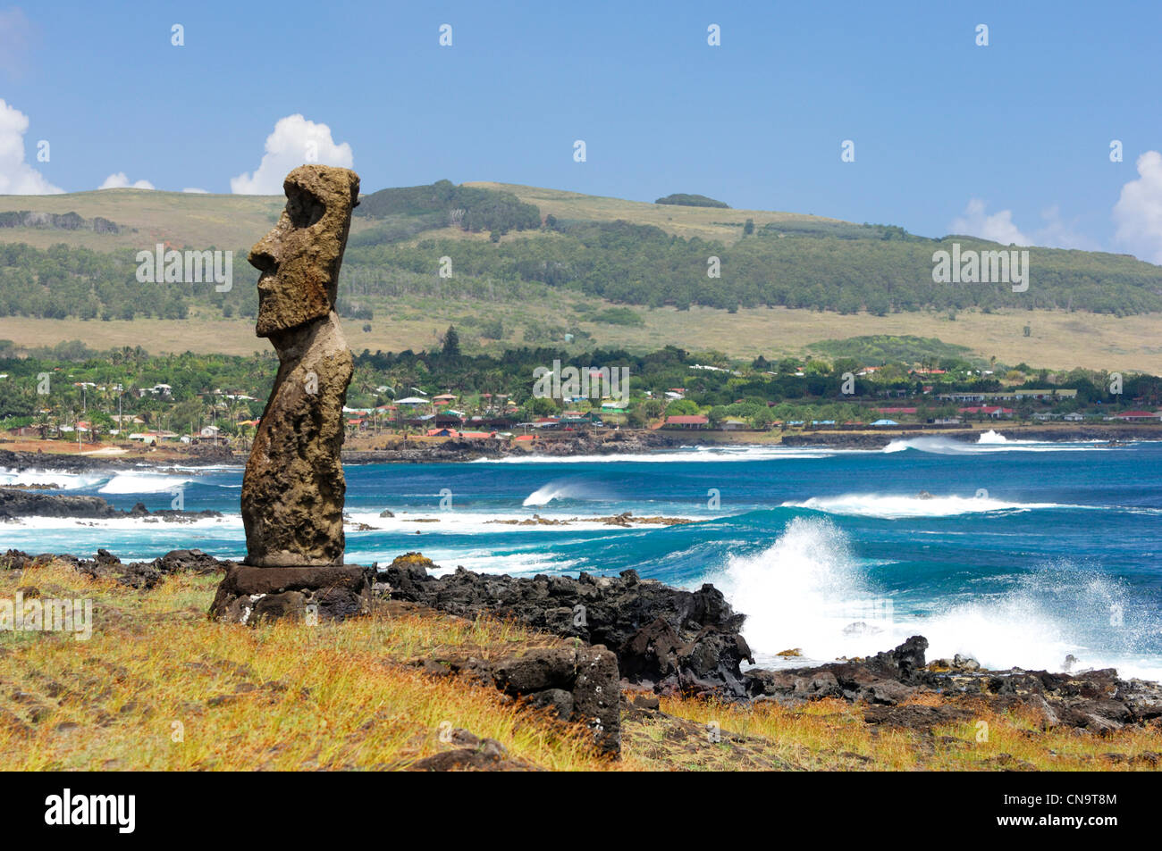 Chile, Easter Island (Rapa Nui), site listed as World Heritage by UNESCO, Ahu Akapu, statue Moai Stock Photo