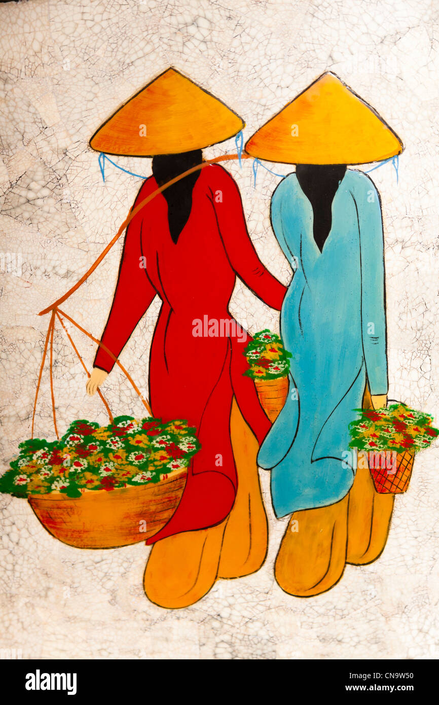 Colourful painting of two Vietnamese women carrying baskets, Vietnam Stock Photo