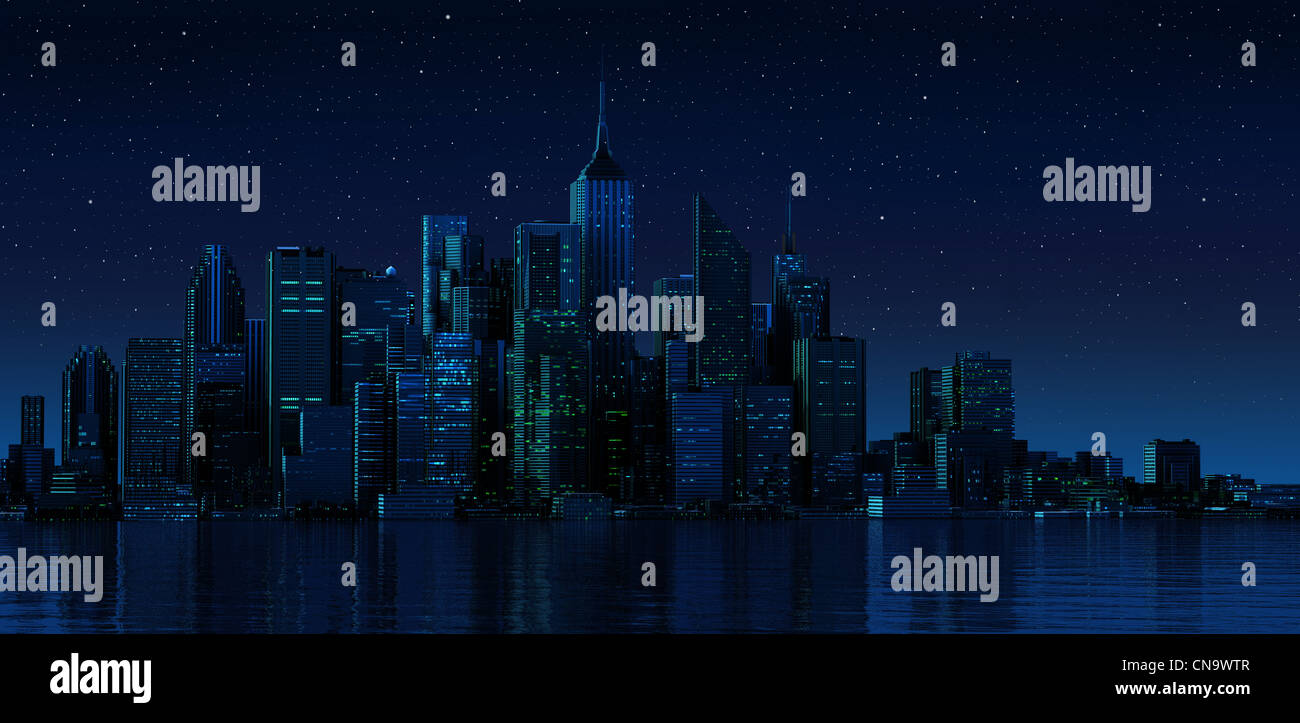 Cityscape generic with modern buildings and skyscrapers on water. Night ...