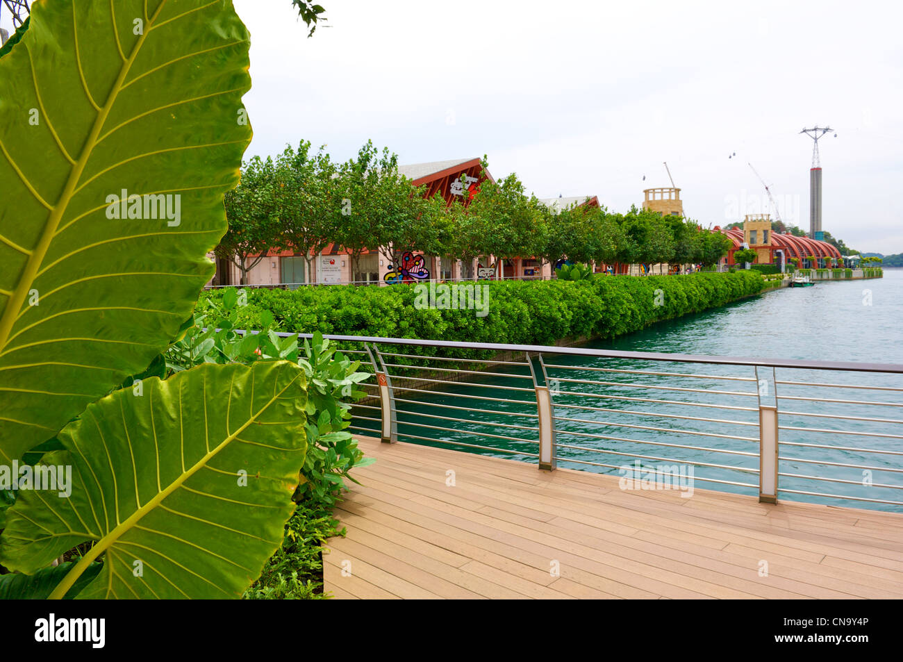 Waterfront restaurant in Sentosa viewed from the Sentosa Boardwalk with