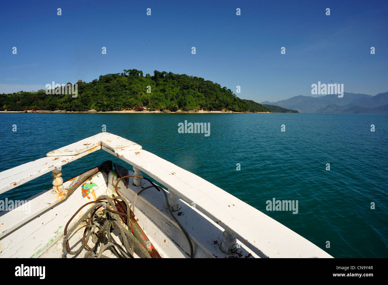 Brazil, Rio de Janeiro State, Paraty, Pelado island, boat Stock Photo