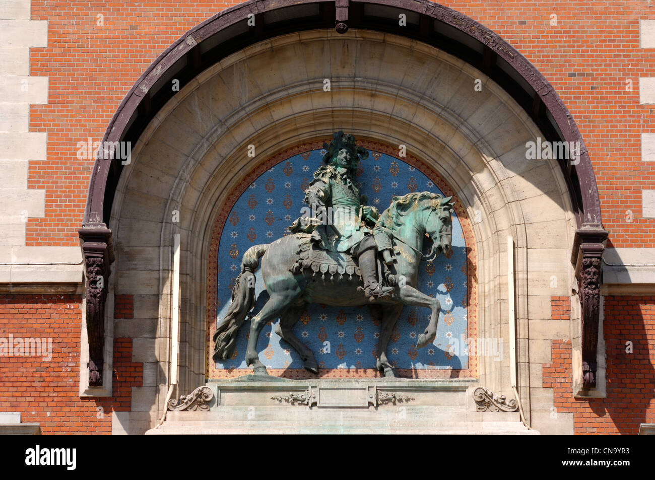 France, Nord, Dunkirk, town hall, sculpture of Louis 14 Louis XIV king of France on his horse in front of the city of Dunkirk Stock Photo