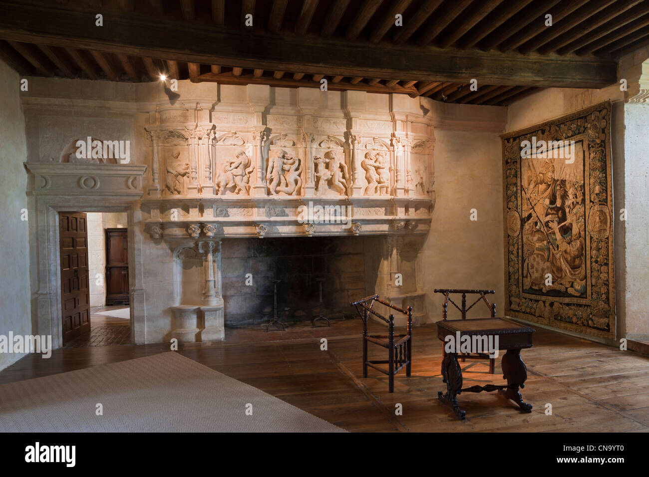 France, Dordogne, Villars, Puyguilhem Castle, Great Room Fireplace Stock Photo