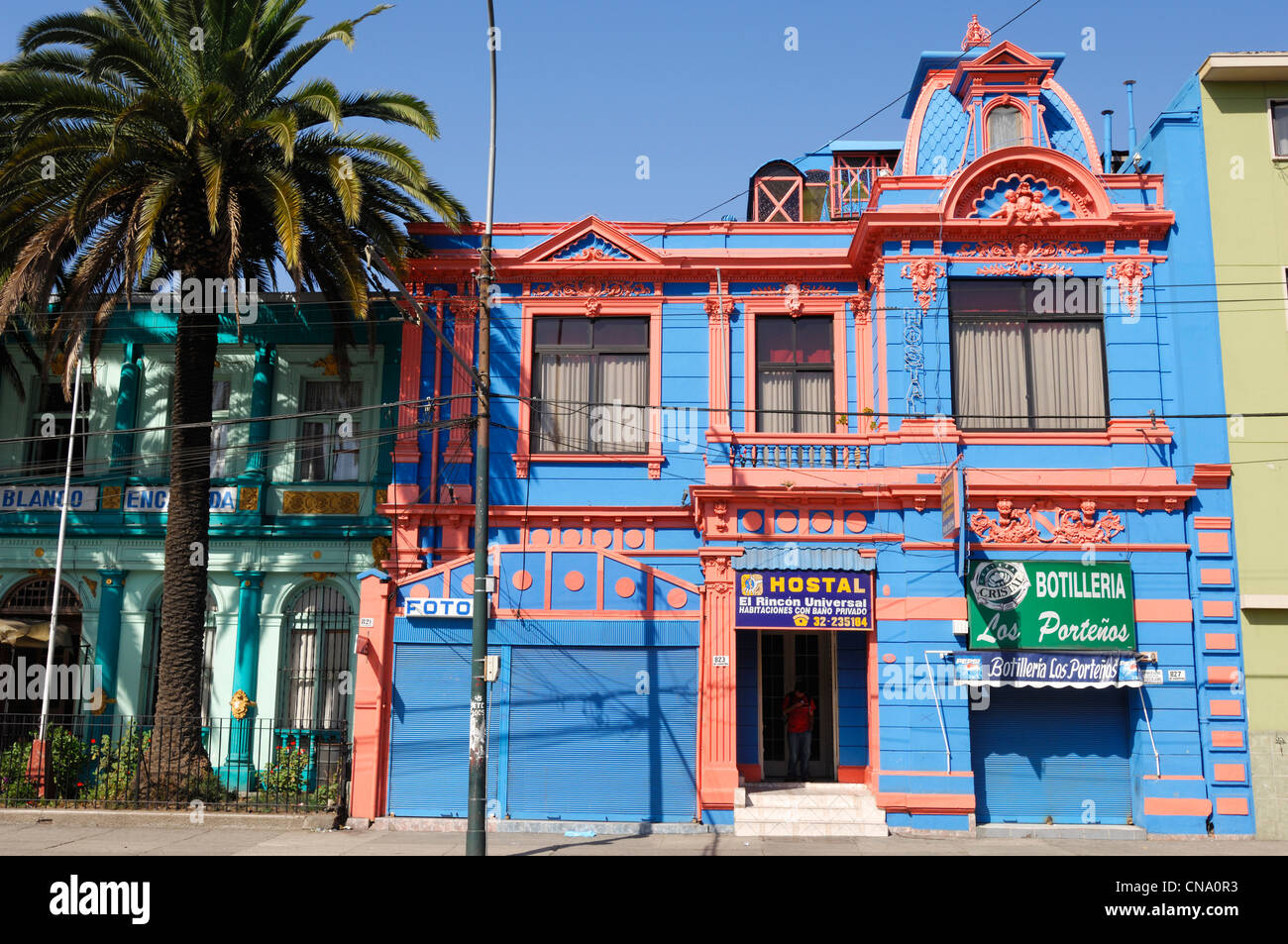 Chile, Valparaiso region, Valparaiso City, Hostal colored hotel dormitory for budget accommodation in Valparaiso Stock Photo