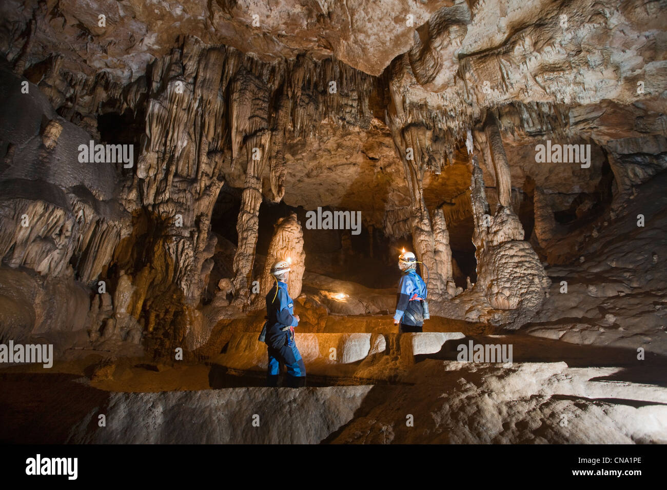 France, Lot, Senaillac, Introduction to Caving with Fabien Pinier the abyss of Senaillac In room Gours Stock Photo