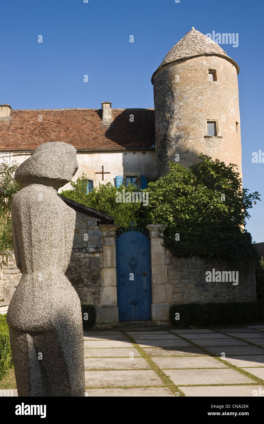 France, Lot, Les Arques, the Dean Tower and Statue of Zadkine, Girl with the bird in 1955, Granite, required fields, Copyright Stock Photo