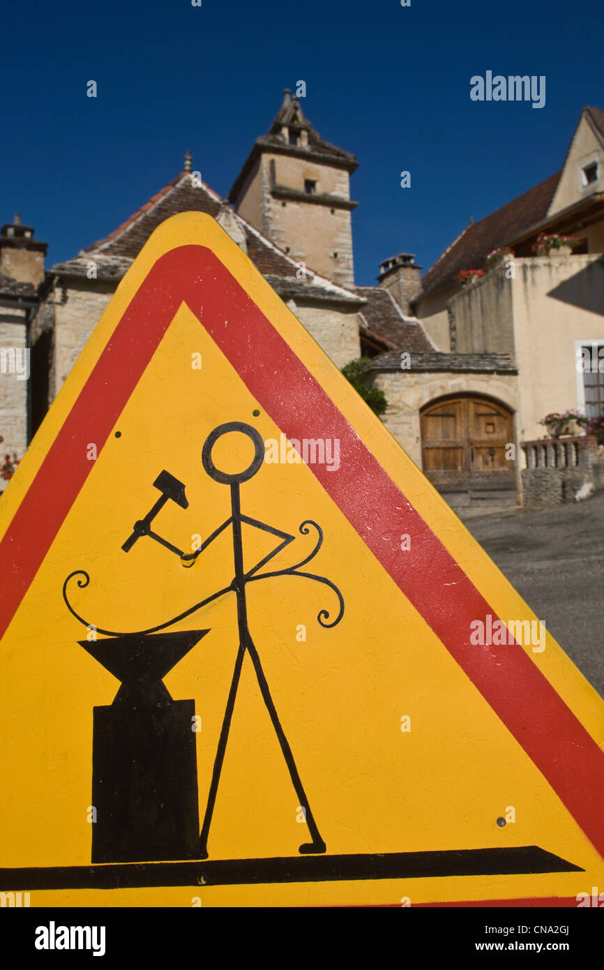 France, Lot, Lherm, sign indicating the presence of blacksmiths in the village of Carralier Place, the village was specialized Stock Photo