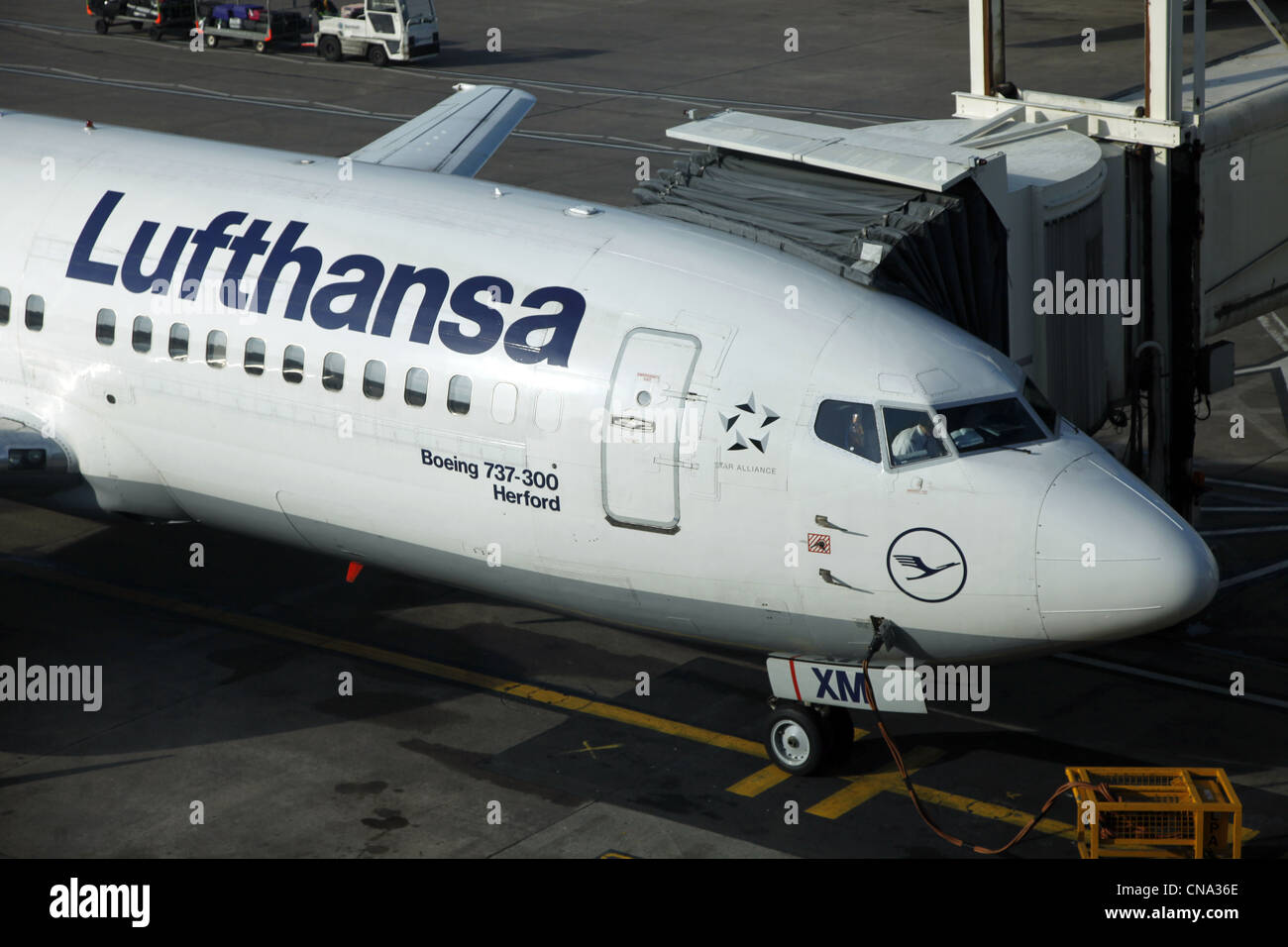 LUFTHANSA BOEING 737 300 NOSE MANCHESTER AIRPORT TERMINAL 1 01 March 2012 Stock Photo Alamy