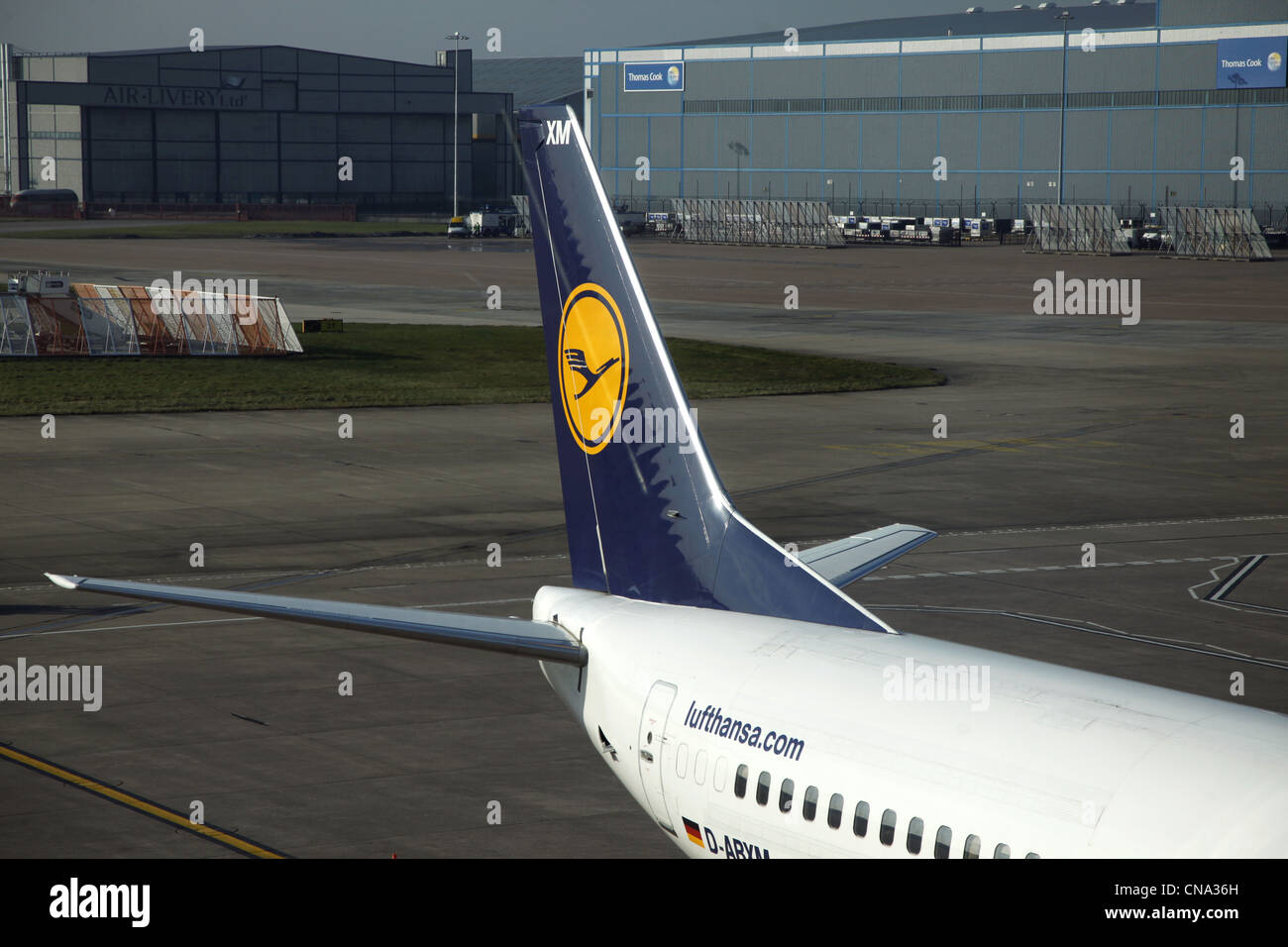 LUFTHANSA BOEING 737 300 TAIL FINN MANCHESTER AIRPORT TERMINAL 1 01 March 2012 Stock Photo Alamy