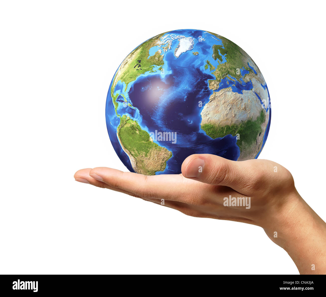 Man hand with earth globe on it. On white background, with clipping path included. Stock Photo