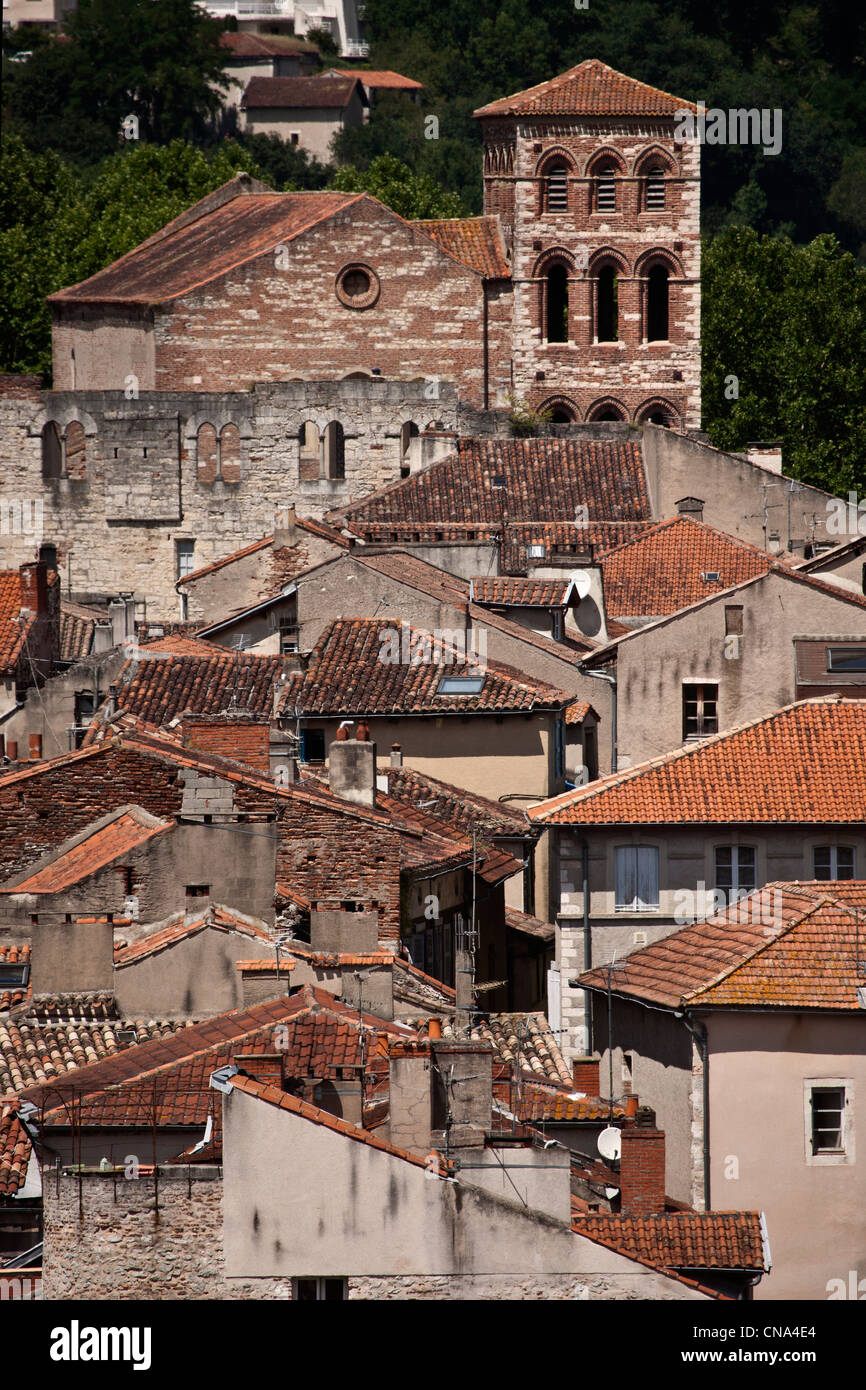 France, Lot, Cahors, view over the rooftops of the Old City Tour with John XXII and the Church of St. Bartholomew from the Stock Photo